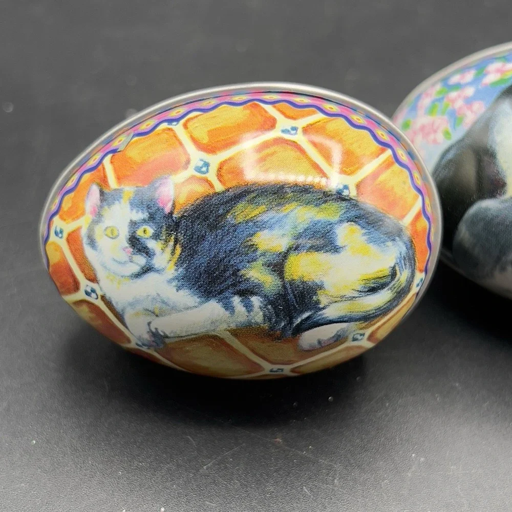 VTG Tin Metal Easter Egg Container w/ Kitty Cat Design Calico Tuxedo Set of 3